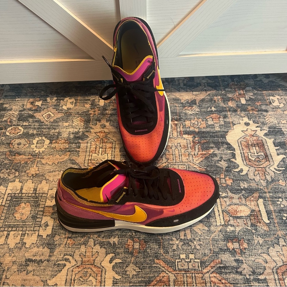 Nike Black and Pink Sneakers with Yellow Accents /Nike Waffle One Active Fuchsia